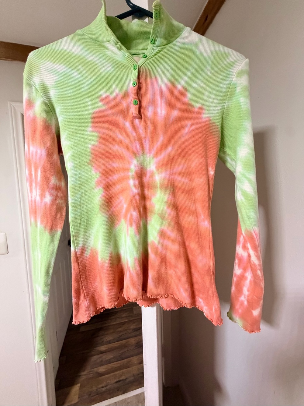Paloma Wool Green and Coral Tie-Dye Long Sleeve Henley